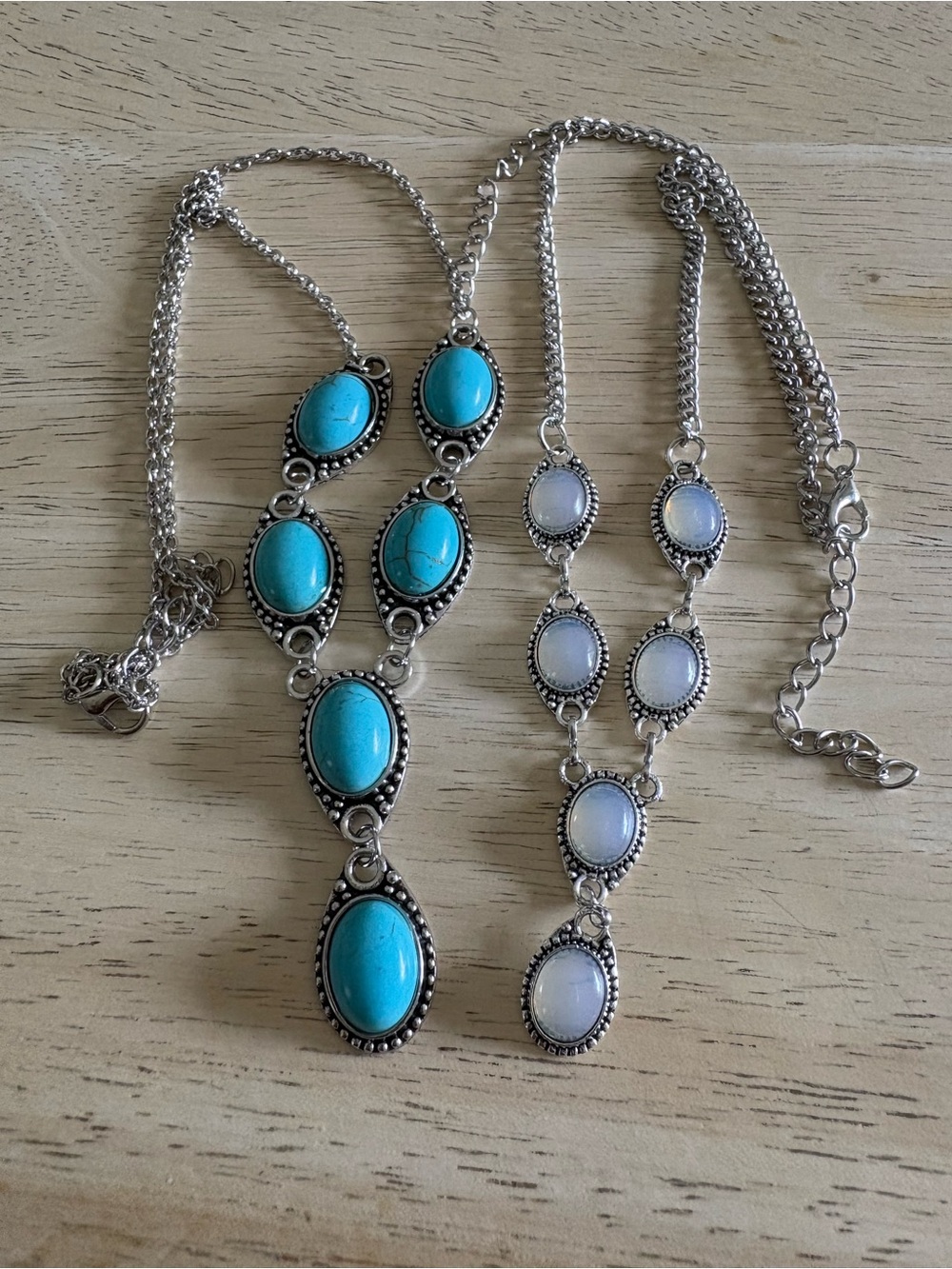 Turquoise and Opaline Double Pendant Necklace Set - Silver-Tone
